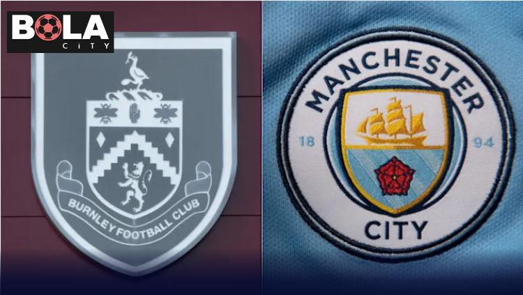 Poster prediksi pertandingan Burnley vs Manchester City pada 23 April 2026 pukul 02.00 WIB dengan latar stadion dan logo kedua tim