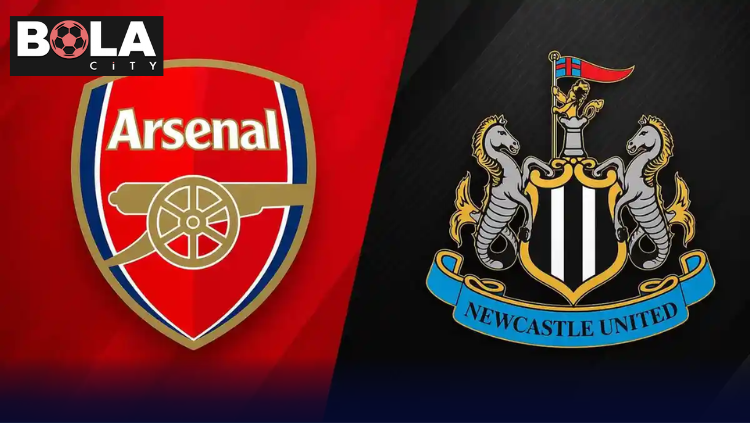 Logo Arsenal dan Newcastle United saling berhadapan dalam pertandingan Liga Inggris
