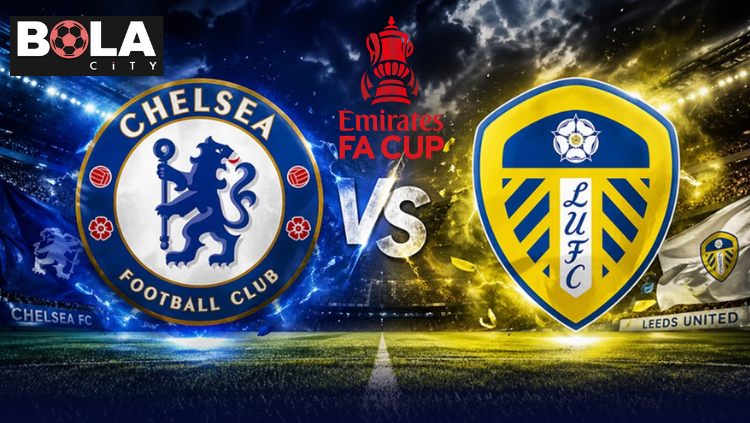 Logo Chelsea FC vs Leeds United pada pertandingan FA Cup dengan latar stadion dan efek cahaya biru kuning