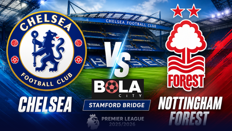 Poster pertandingan Chelsea vs Nottingham Forest di Stamford Bridge Premier League 2025/2026 dengan logo kedua tim dan tulisan VS di tengah stadion