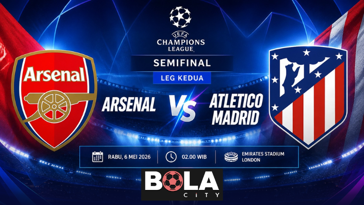 Prediksi pertandingan Arsenal vs Atletico Madrid hari ini Rabu 6 Mei 2026 pukul 02.00 WIB di stadion dengan latar lampu sorot