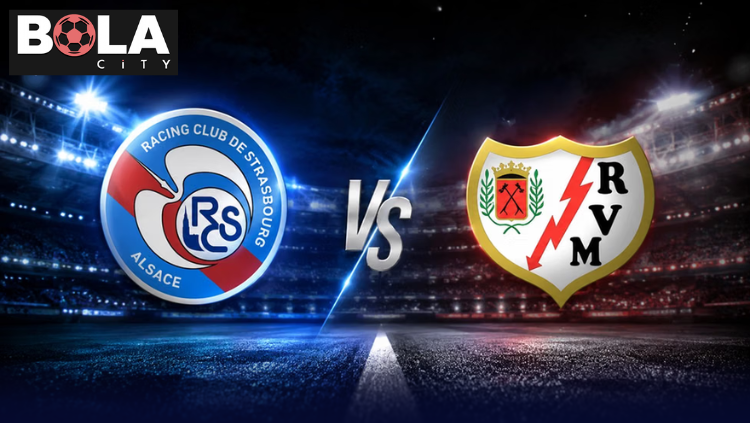 Poster pertandingan Strasbourg vs Rayo Vallecano dengan logo kedua tim dan branding Skor Bola 365.