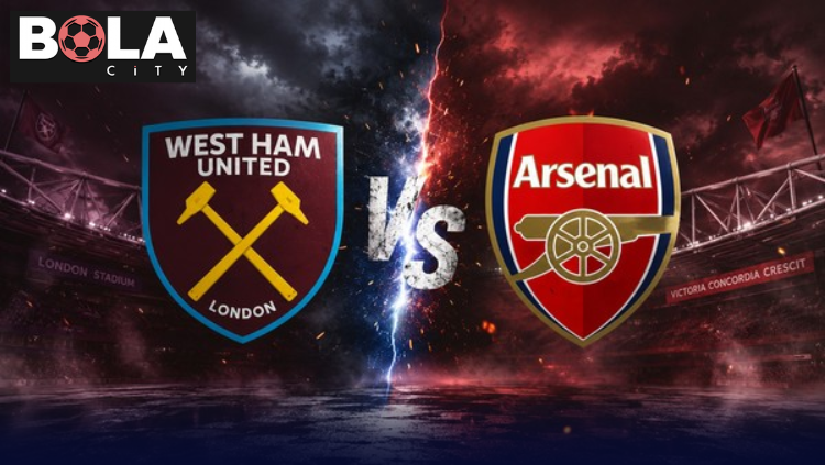 Ilustrasi pertandingan West Ham United vs Arsenal dengan logo kedua tim di stadion berlatar efek petir dan suasana dramatis.