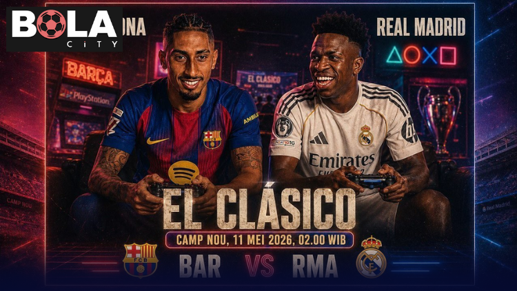 Poster pertandingan El Clasico Barcelona vs Real Madrid menampilkan pemain kedua tim dengan latar stadion dan nuansa gaming bertuliskan Camp Nou 11 Mei 2026.
