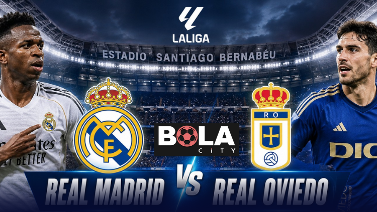 Poster pertandingan Real Madrid vs Real Oviedo di Stadion Santiago Bernabeu lengkap dengan logo klub dan pemain La Liga.