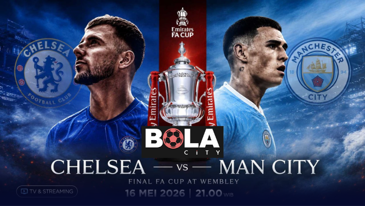 Poster prediksi pertandingan Chelsea vs Manchester City pada Sabtu 16 Mei 2026 pukul 21.00 WIB di stadion sepak bola.