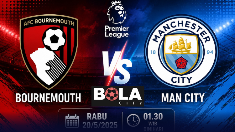 Poster prediksi bola Bournemouth vs Manchester City tanggal 20 Mei 2026 pukul 01.30 WIB di stadion dengan tema Liga Inggris.