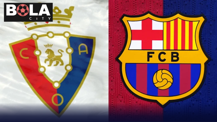 Poster pertandingan Osasuna vs Barcelona dengan logo kedua tim dan latar bendera klub yang berhadapan dalam laga sepak bola