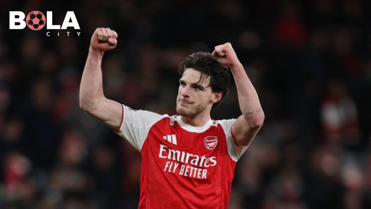 Declan Rice merayakan selebrasi sebagai Man of the Match Arsenal vs Atletico Madrid. Foto eksklusif Bolacity.