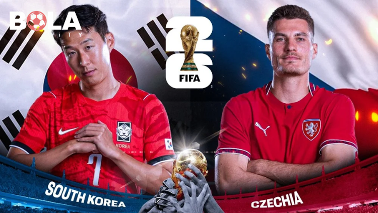 Poster pertandingan internasional FIFA antara Korea Selatan dan Republik Ceko menampilkan pemain kedua tim dengan latar bendera nasional masing-masing.