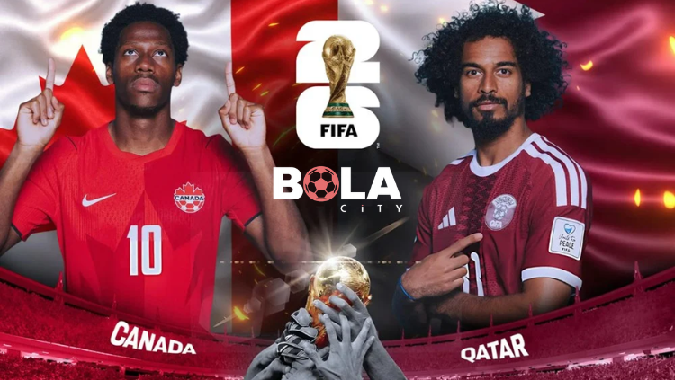 Poster pertandingan Kanada vs Qatar pada FIFA World Cup 2026 menampilkan pemain kedua tim dengan latar bendera nasional Kanada dan Qatar.
