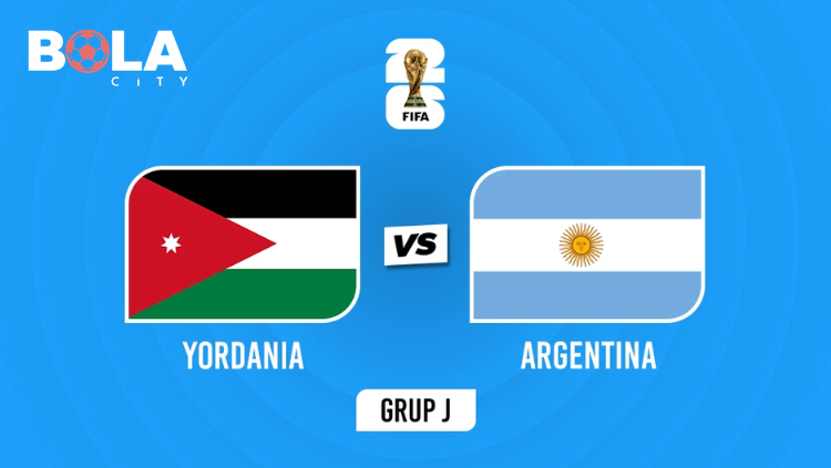 Poster pertandingan Yordania vs Argentina Grup J Piala Dunia FIFA 2026 menampilkan bendera Yordania dan Argentina serta logo FIFA World Cup 2026.