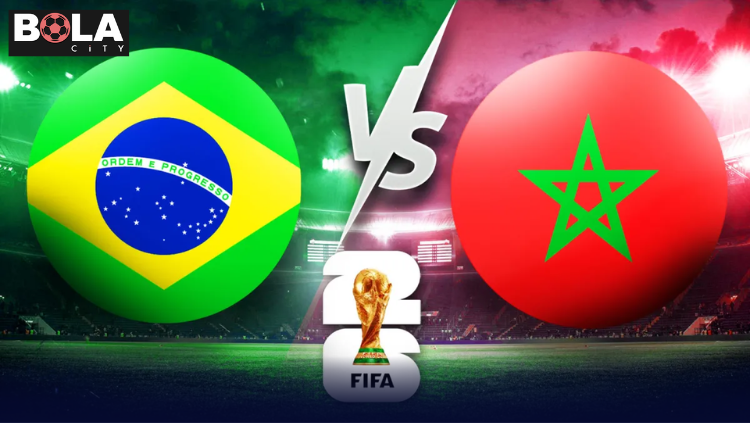 Poster pertandingan Brasil vs Maroko dengan logo kedua negara dan trofi FIFA di tengah lapangan stadion sepak bola.