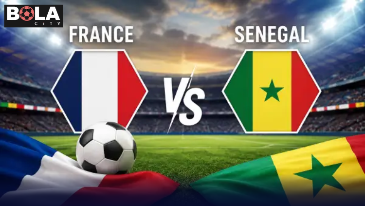 Poster pertandingan Prancis vs Senegal di Grup I FIFA World Cup 2026 dengan bendera kedua negara pada latar resmi turnamen.