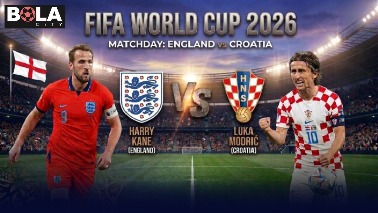 Poster pertandingan Inggris vs Kroasia di Piala Dunia FIFA 2026 menampilkan Harry Kane dan Luka Modric dengan latar stadion sepak bola.