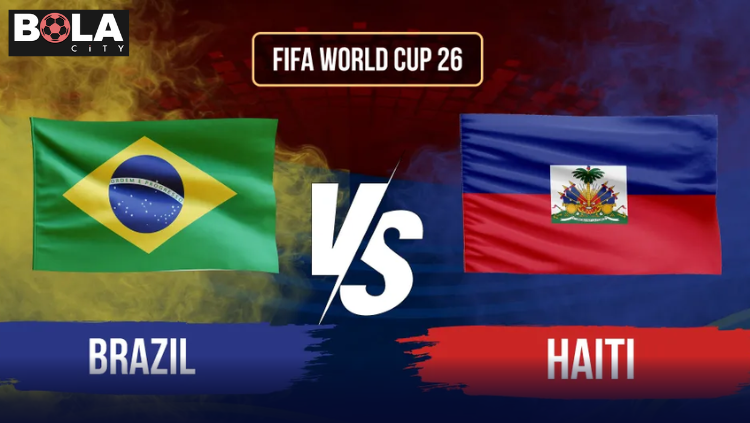 Poster pertandingan Brasil vs Haiti pada FIFA World Cup 2026 menampilkan bendera Brasil dan Haiti dengan latar stadion serta efek warna hijau, kuning, biru, dan merah.