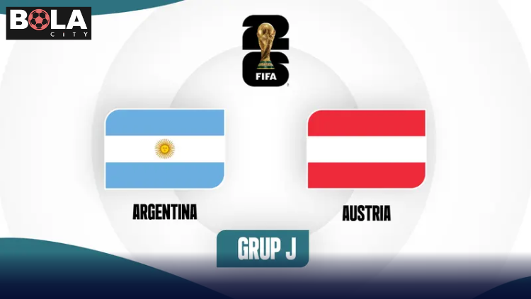 Poster pertandingan Argentina vs Austria di Grup J FIFA World Cup 2026 dengan bendera kedua negara pada latar turnamen Piala Dunia.