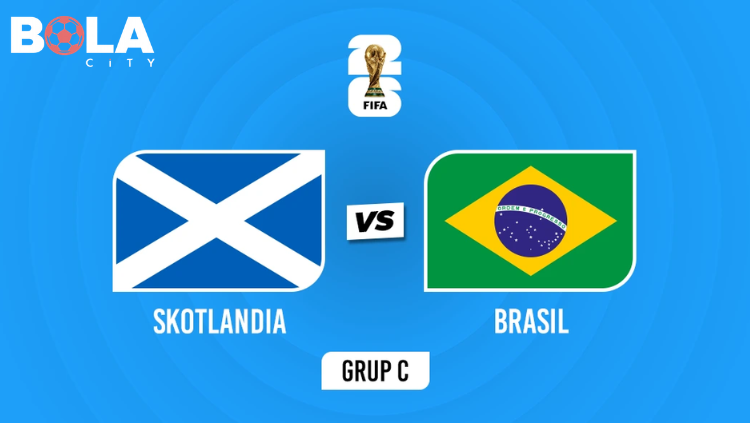 Poster pertandingan Skotlandia vs Brasil FIFA World Cup 2026 menampilkan pemain tim nasional Skotlandia dan Brasil dengan latar bendera kedua negara.