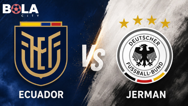 Poster pertandingan Ekuador vs Jerman di Piala Dunia FIFA 2026 dengan logo kedua tim nasional dan trofi FIFA di tengah.