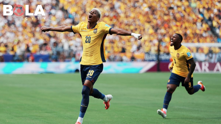 Nilson Angulo merayakan gol penyama kedudukan saat Ekuador vs Jerman di Piala Dunia 2026. Pemain Sunderland ini dinobatkan sebagai Man of the Match. | bolacity