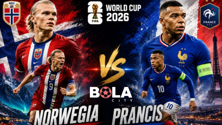 Poster pertandingan Norwegia vs Prancis Piala Dunia 2026 menampilkan Erling Haaland dan Kylian Mbappé sebagai pemain utama dengan logo FIFA World Cup 2026.