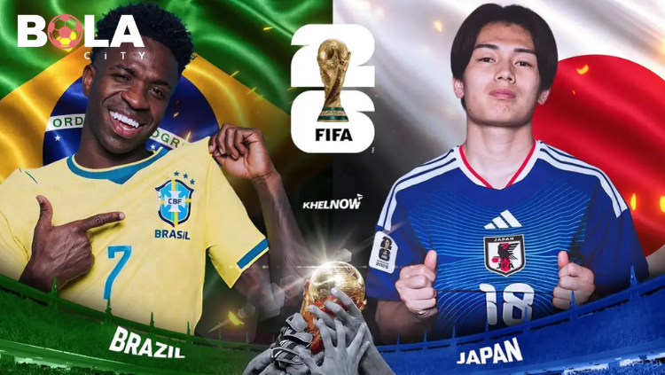Poster pertandingan Brasil vs Jepang Piala Dunia FIFA 2026 menampilkan Vinícius Júnior mengenakan jersey Timnas Brasil dan pemain Timnas Jepang dengan logo FIFA World Cup 2026 di tengah.