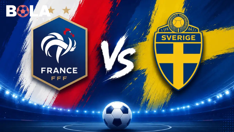 Poster pertandingan Prancis vs Swedia Piala Dunia 2026 menampilkan logo Federasi Sepak Bola Prancis (FFF) dan Federasi Sepak Bola Swedia (SvFF) dengan latar bendera kedua negara.