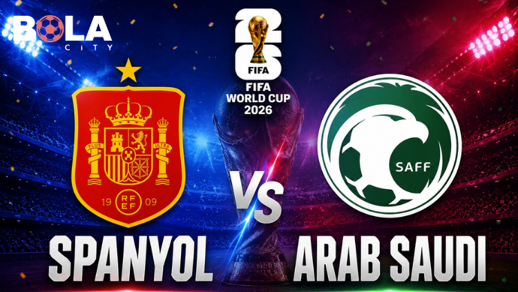 Poster pertandingan Spanyol vs Arab Saudi pada FIFA World Cup 2026 dengan logo federasi kedua tim dan trofi Piala Dunia di tengah stadion.