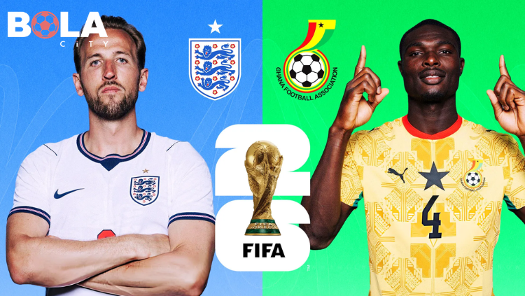 Harry Kane dari Inggris dan pemain Ghana dalam poster pertandingan Inggris vs Ghana FIFA World Cup 2026 dengan latar bendera kedua negara dan trofi Piala Dunia FIFA.