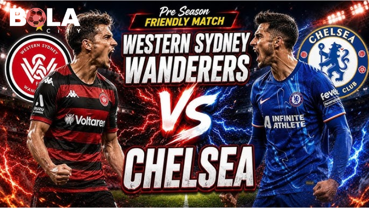 Poster pertandingan Western Sydney Wanderers vs Chelsea yang menampilkan logo kedua klub menjelang laga pramusim sepak bola.