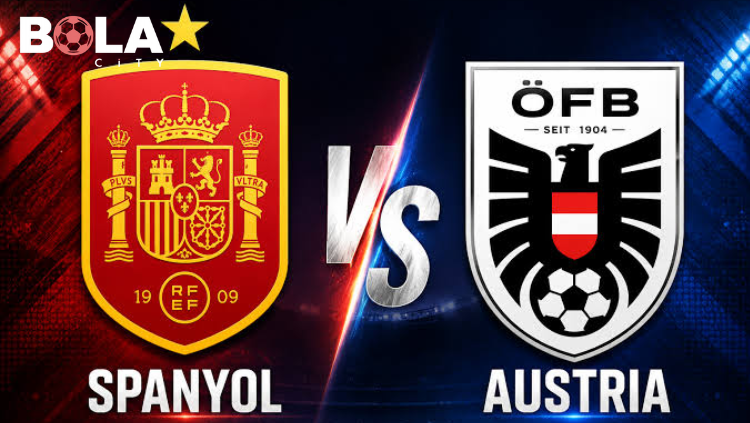 Poster pertandingan Spanyol vs Austria Piala Dunia 2026 menampilkan logo Federasi Sepak Bola Spanyol (RFEF) dan Federasi Sepak Bola Austria (ÖFB) dengan latar stadion dan efek cahaya.