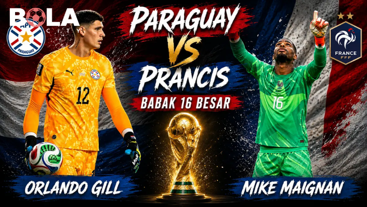 Poster pertandingan Paraguay vs Prancis babak 16 besar Round of 16 Piala Dunia FIFA menampilkan bendera kedua negara dan logo trofi FIFA.