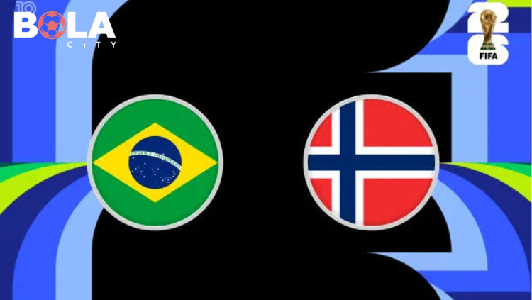 Poster pertandingan Brasil vs Norwegia Piala Dunia FIFA 2026 menampilkan bendera Brasil dan Norwegia dengan logo FIFA World Cup 2026.