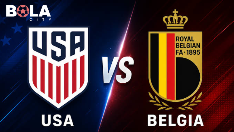 Poster pertandingan USA vs Belgia Piala Dunia FIFA 2026 menampilkan logo Federasi Sepak Bola Amerika Serikat (US Soccer) dan Royal Belgian Football Association (RBFA).