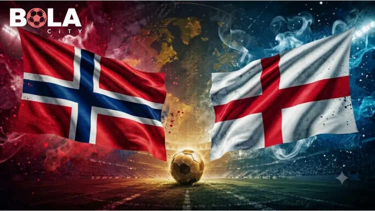 Ilustrasi pertandingan Norwegia vs Inggris dengan bendera kedua negara dan bola sepak menjelang laga internasional pada 12 Juli 2026.