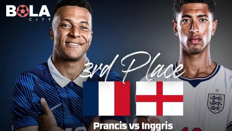 Ilustrasi pertandingan Prancis vs Inggris dalam perebutan juara ketiga UEFA Euro menampilkan Kylian Mbappé dan Jude Bellingham dengan bendera Prancis dan Inggris.