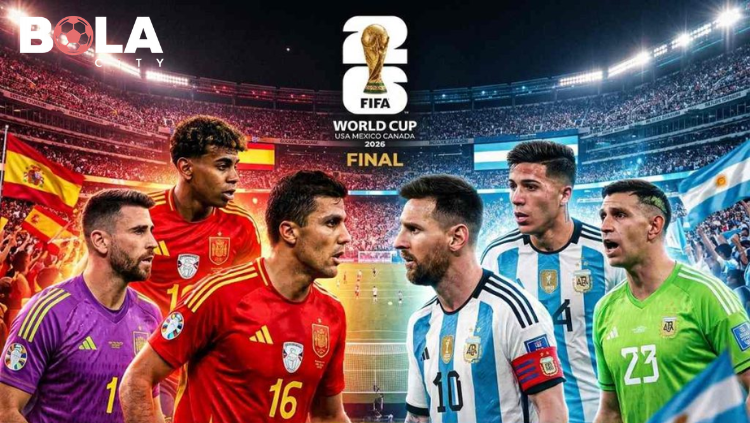 Poster Final Piala Dunia FIFA 2026 mempertemukan Spanyol vs Argentina dengan ilustrasi pemain kedua tim dan logo resmi turnamen.