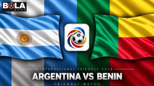 Ilustrasi pertandingan Argentina vs Benin dengan logo dan bendera kedua negara di stadion sepak bola.