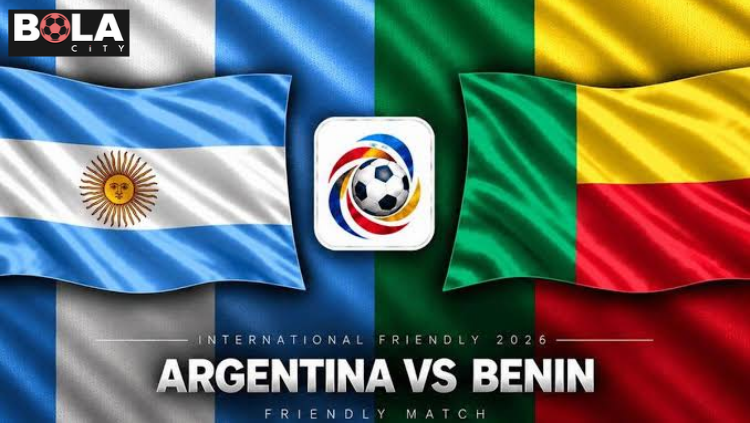 Ilustrasi pertandingan Argentina vs Benin dengan logo dan bendera kedua negara di stadion sepak bola.
